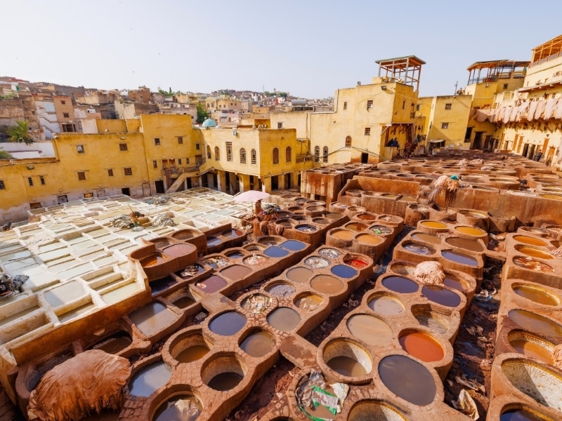 Workers treat leather with softening liquids and dyes at Chouara Tannery, in the Medina quarter of Fez el Bali, Fez, north west Morocco
