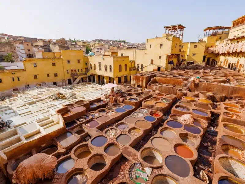 Workers treat leather with softening liquids and dyes at Chouara Tannery, in the Medina quarter of Fez el Bali, Fez, north west Morocco