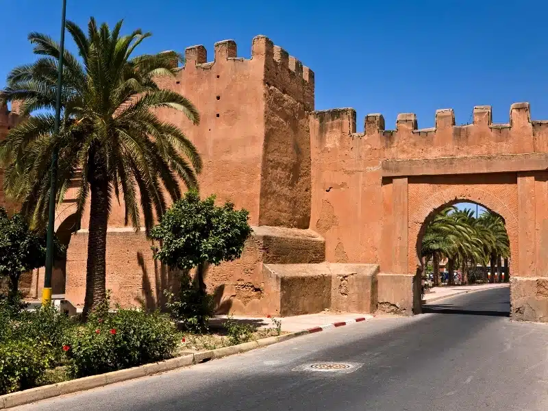 Red mud Medina walls with an open arch and palm trees