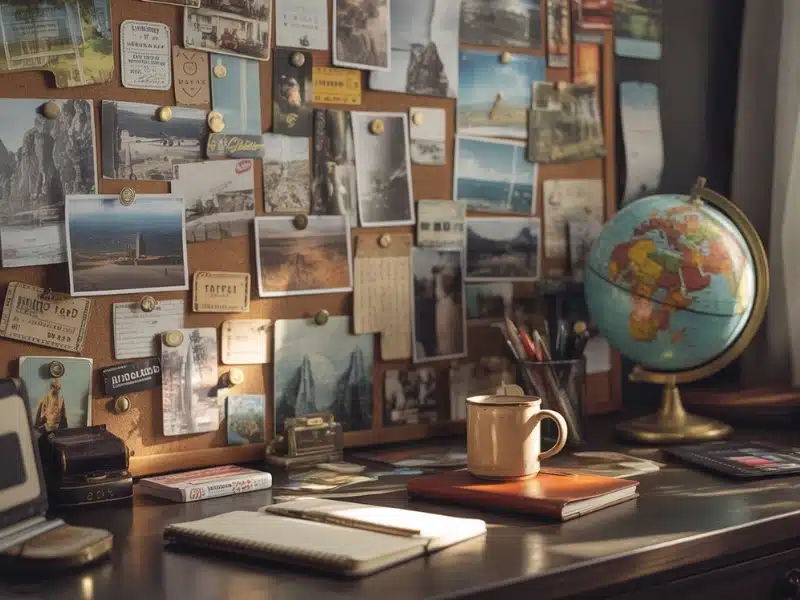 A meticulously organized vision
board dominating a wall behind a cozy desk