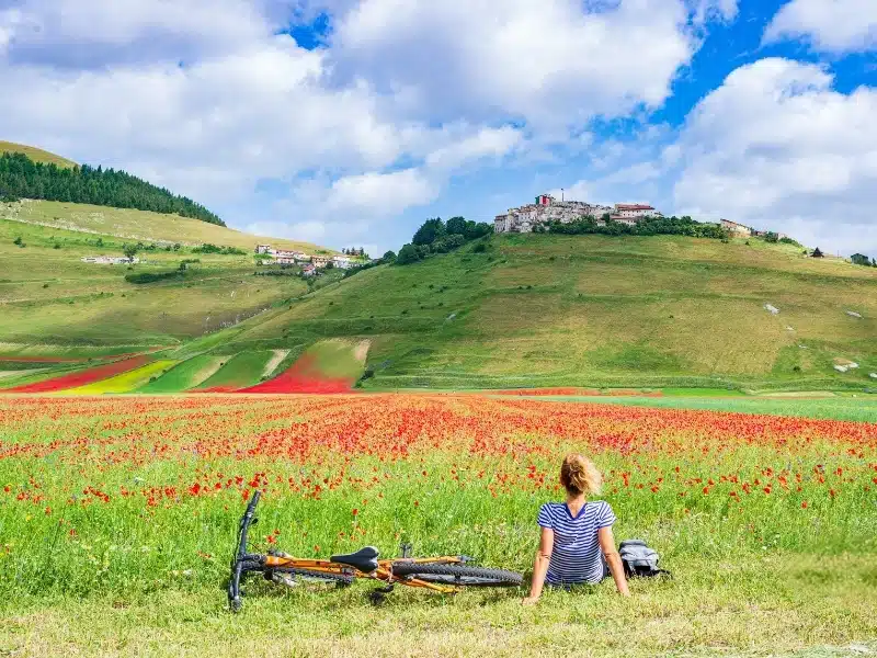 Woman cycling in blooming cultivated fields of Castelluccio di Norcia highlands in the Apennines, Italy.