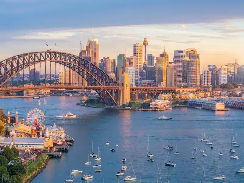 Downtown Sydney skyline in Australia from top view at twilight