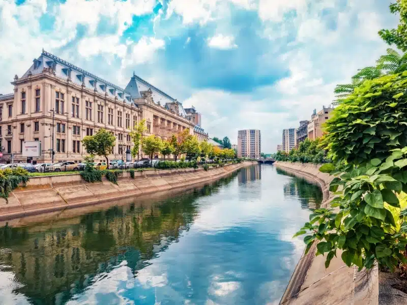 Summer cityscape of Bucharest city, capital of Romania, Europe.