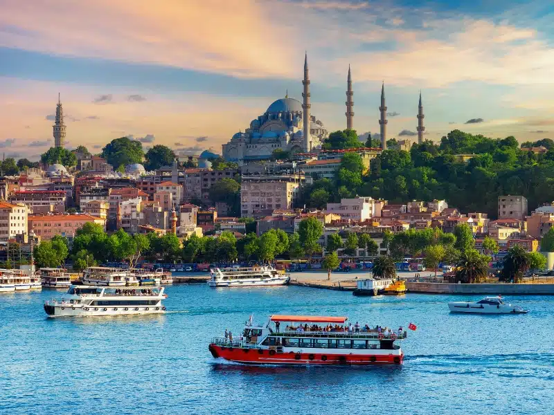 Touristic sightseeing ships in istanbul city, Turkey.