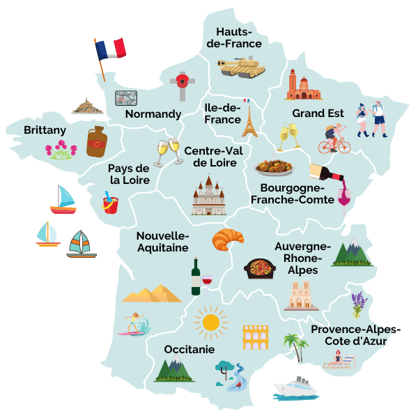 Illustrated map showing France road trip regions including Normandy, Provence, Occitanie, and the Dordogne