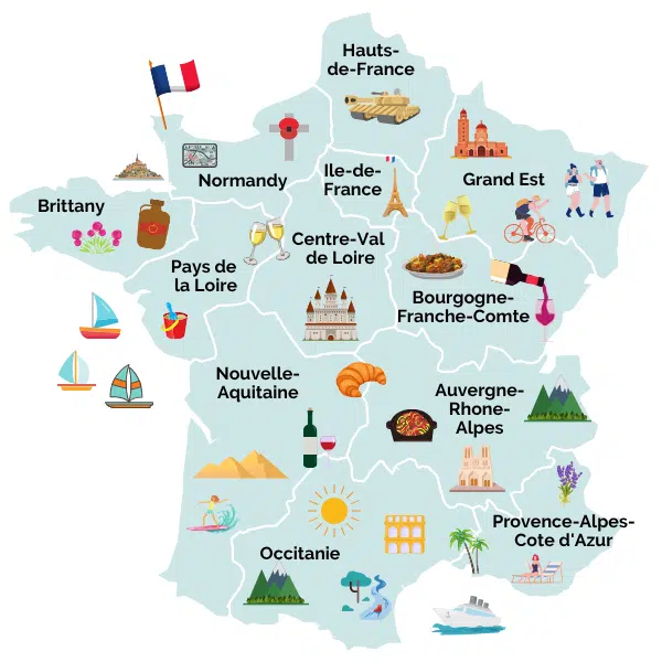 Illustrated map showing France road trip regions including Normandy, Provence, Occitanie, and the Dordogne