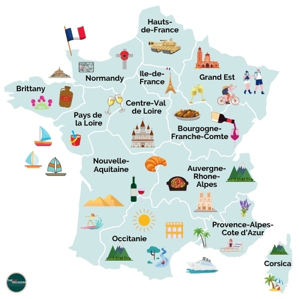 Illustrated map showing France road trip regions including Normandy, Provence, Occitanie, and the Dordogne