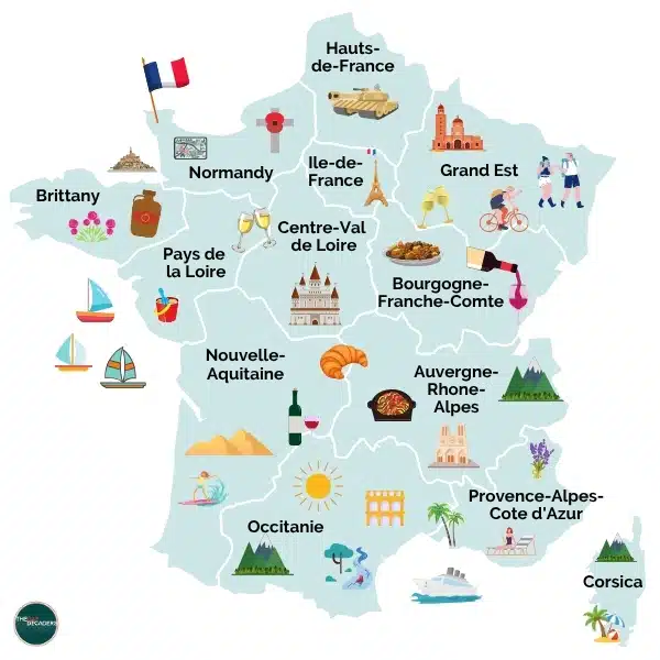 Illustrated map showing France road trip regions including Normandy, Provence, Occitanie, and the Dordogne
