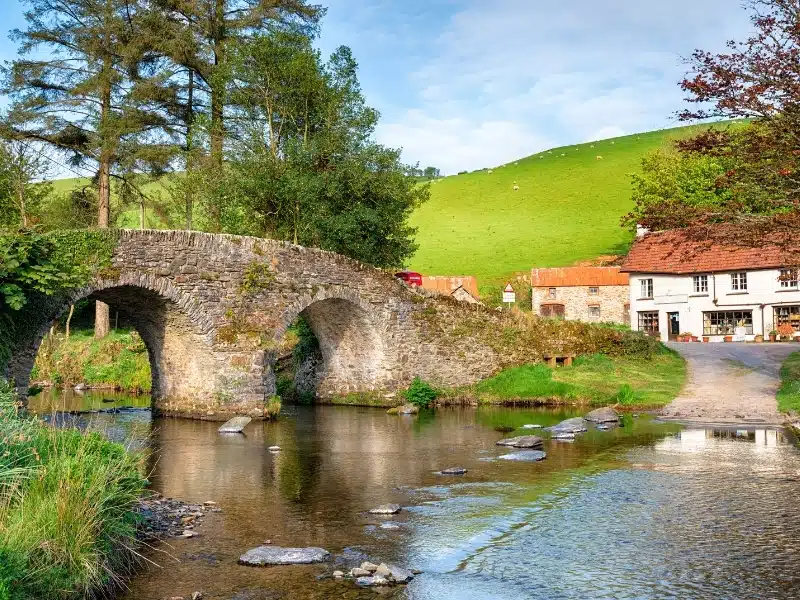 The bridge and ford at Malmsmead in the Doone Valley directly on the border between Somerset and Devon and on Exmoor National Park