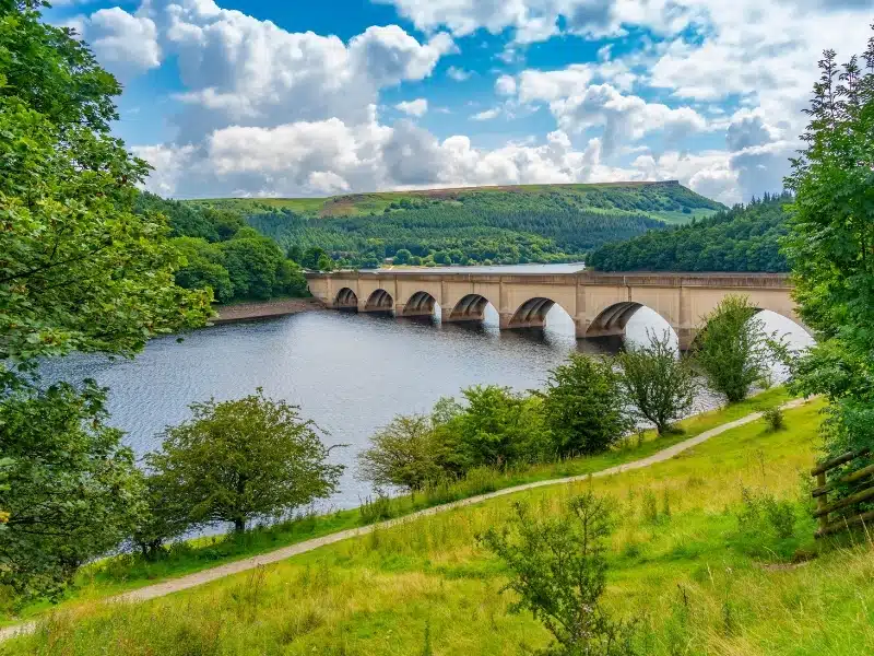 View of Ladybower Reservoir and Baslow Edge in the distance, Peak District, Derbyshire, England, United Kingdom, Europe