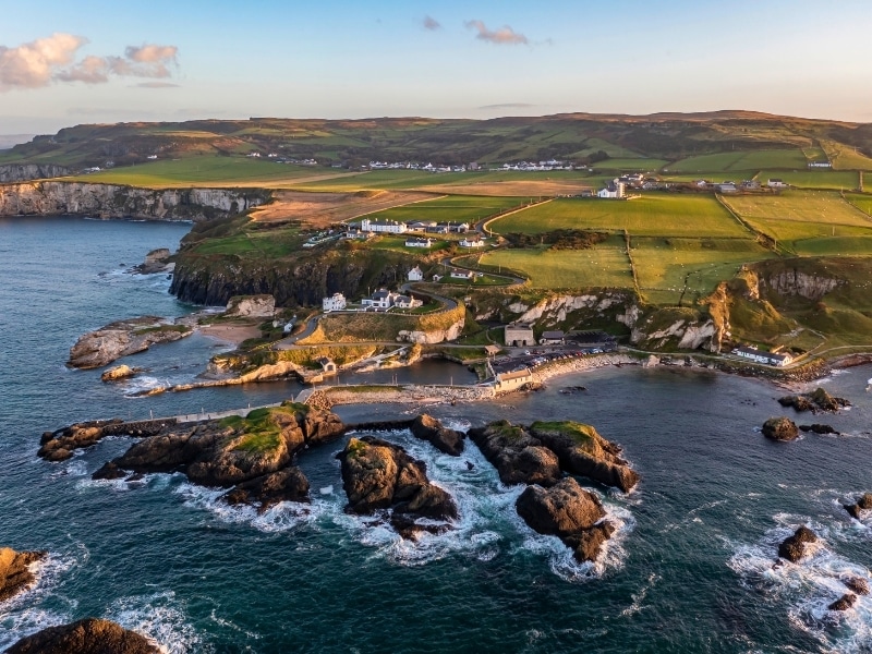 Aerial view of Ballintoy Harbour near Giants Causeway, County. Antrim, Northern Ireland, UK