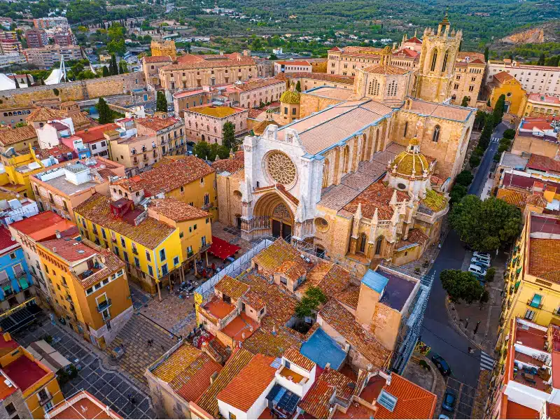 Aerial view of the Primatial Cathedral of Tarragona, a Roman Catholic church in Tarragona, Catalonia, Spain
