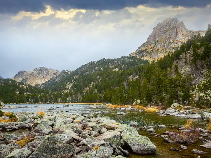 Mountain lake surrounded by trees and peaks
