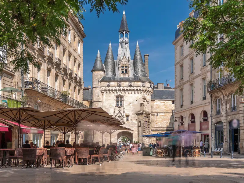 Historic Porte Cailhau timelapse in Bordeaux, France, with its medieval architecture and spires.