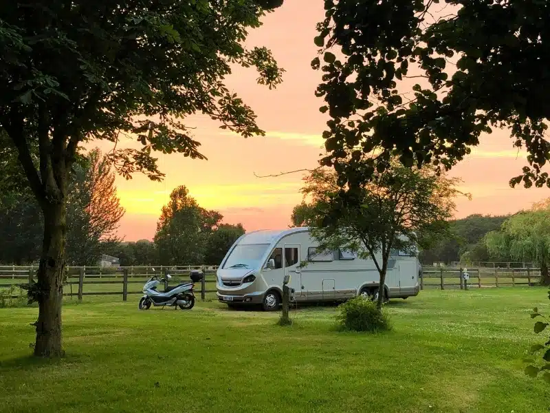 A class motorhome and scooter parked in a field of grass and surrounded by trees