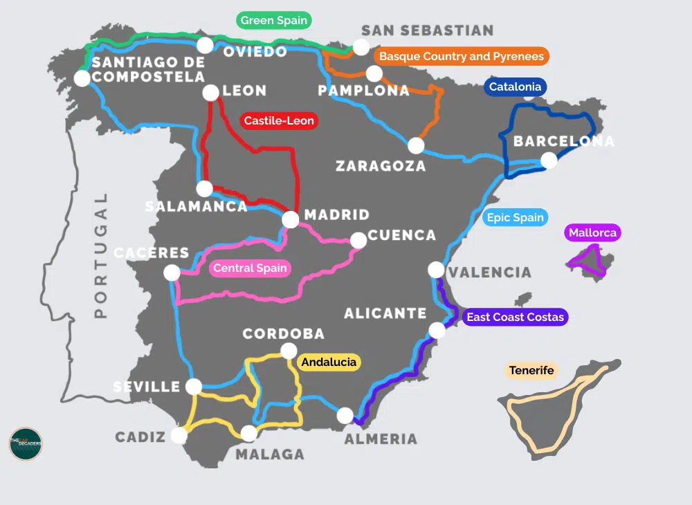 Illustrated Spain road trip map with destinations and routes labelled
