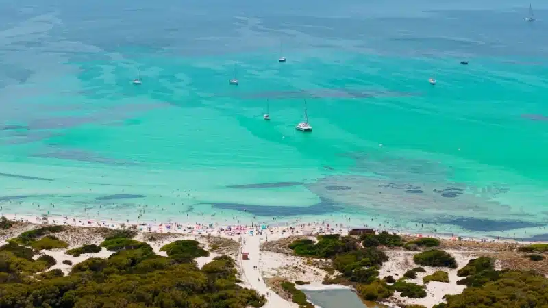 People relaxing and swimming in turquoise waters