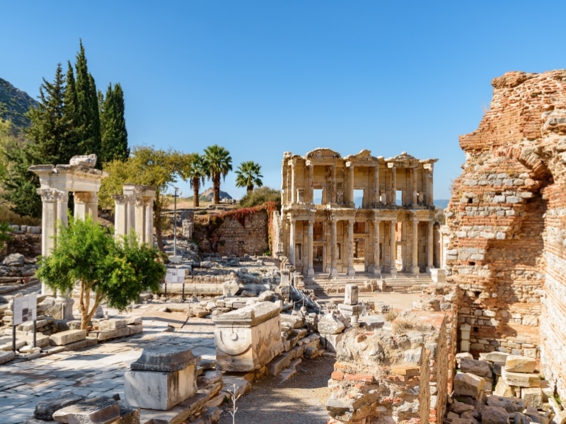 Ruins of the ancient Greek city in Selcuk, Izmir Province, Turkey. Ephesus is a popular tourist attraction in Turkey.