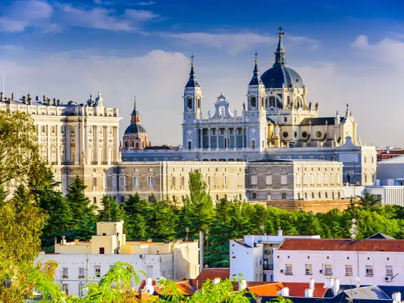 Madrid, Spain skyline at Santa Maria la Real de La Almudena Cathedral and the Royal Palace.