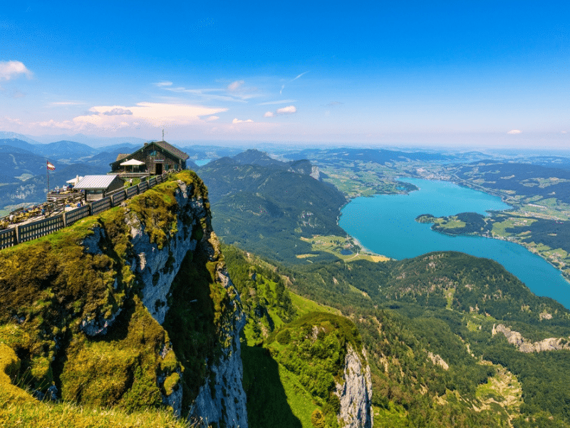 Schafberges aufgenommen, Mountain landscape in Salzkammergut, Upper Austria. View from Schafberg peak to Mondsee, Austria. Himmelspforte Schafberg in Austria, between Mondsee and Wolfgangsee lakes.