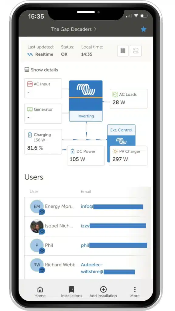 phone screen showing Victron VRM app and users