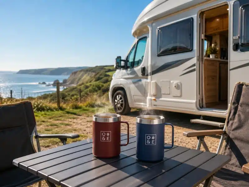 motorhome by the beach with two mugs of tea on a camping table