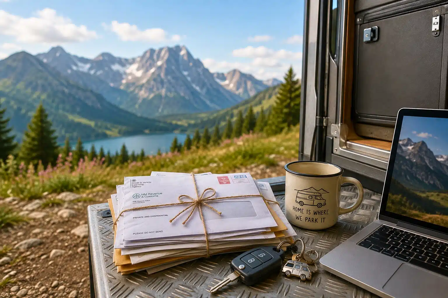Bundle of post and mail by a laptop looking out to a lake and mountains