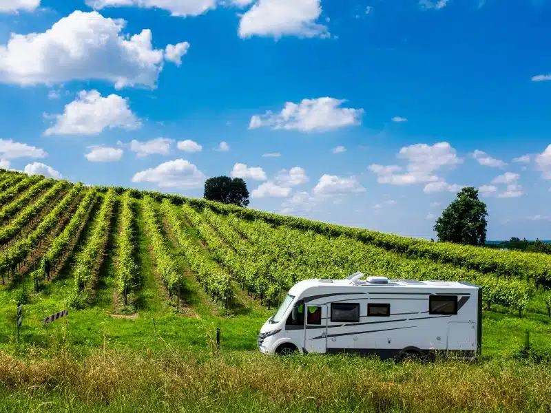 Motorhome road trip through the French countryside on the journey from the UK to Spain