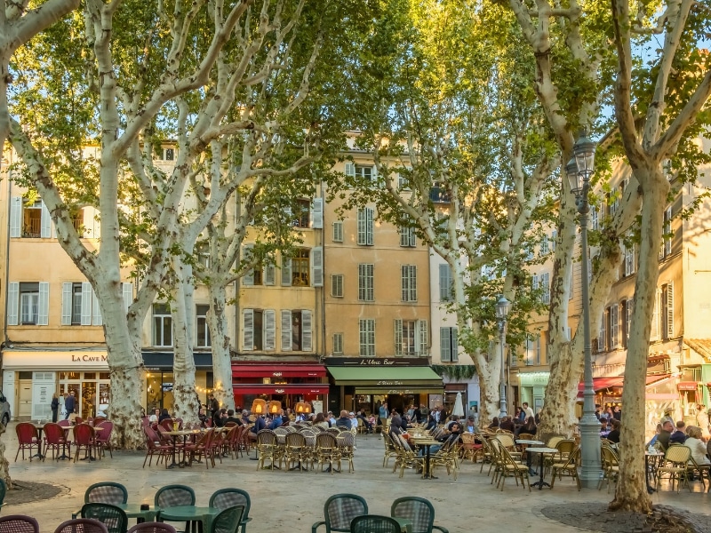 Aix-en-Provence, France. People enjoying drinks and meals at outdoor restaurant tables shaded by large plane trees in a picturesque public square in the heart of the city.