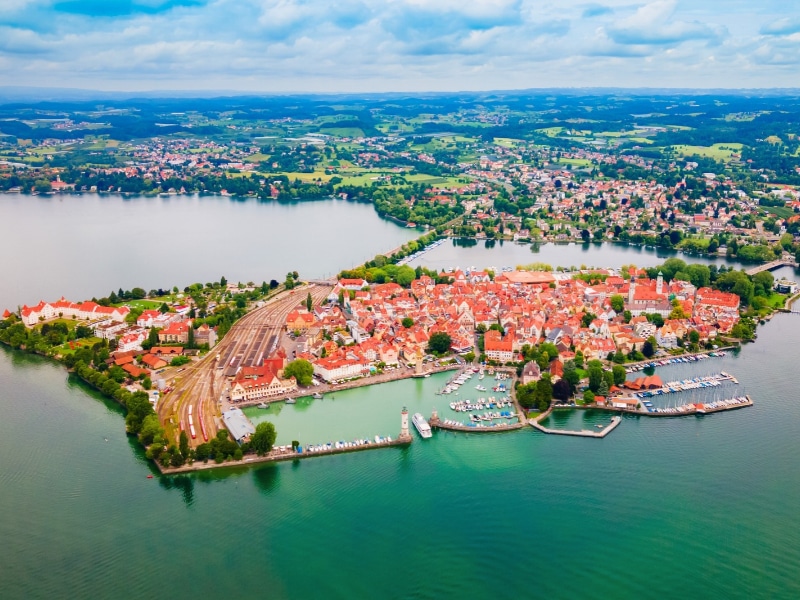Lindau aerial panoramic view. Lindau is a major town and island on the Lake Constance or Bodensee in Bavaria, Germany.