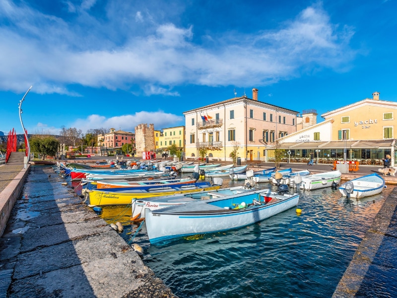 Bardolino, Italy - February 04, 2020 : Bardolino Town harbour view near Garda Lake of Italy