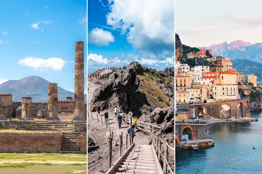 a compendium of photographs depicting Pompeii, Vesuvius and the Amalfi Coast