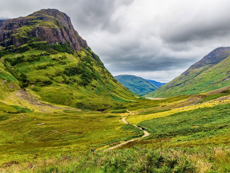 Spectacular mountain scenery with a stormy, grey sky in Glencoe, Scotland