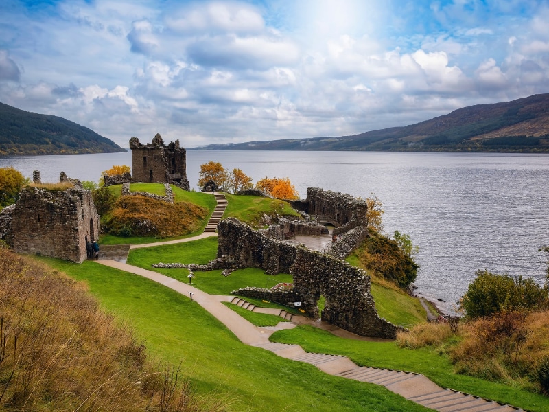 The ruins of the Urquhart Castle at Loch Ness during beautiful autumn time, Scotland, without people