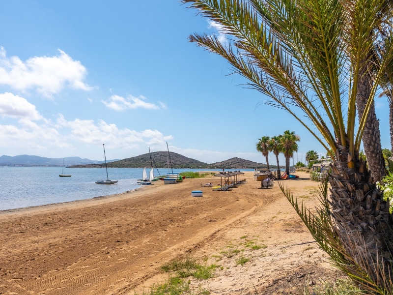 Sailboats resting on a tranquil beach with swaying palm trees, creating a serene summer scene in la manga del mar menor, murcia, Playa de Cavanna