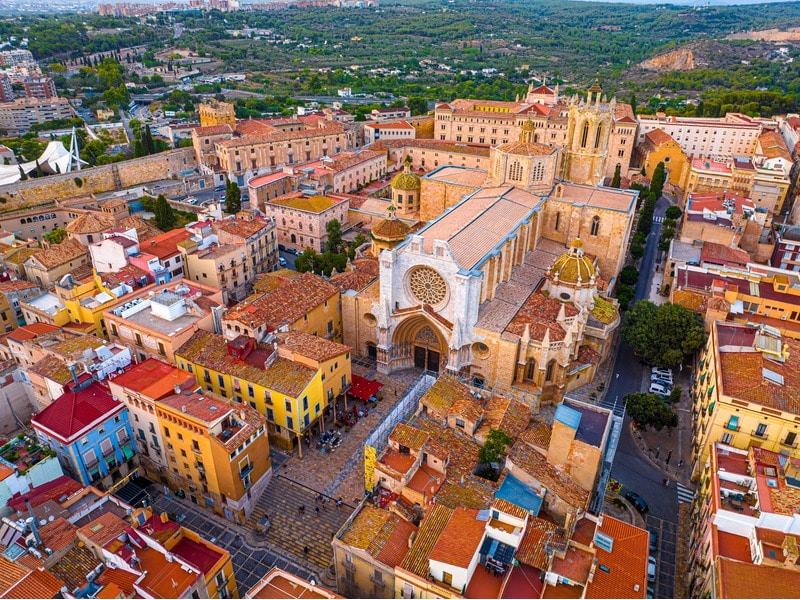Aerial view of the Primatial Cathedral of Tarragona, a Roman Catholic church in Tarragona, Catalonia, Spain