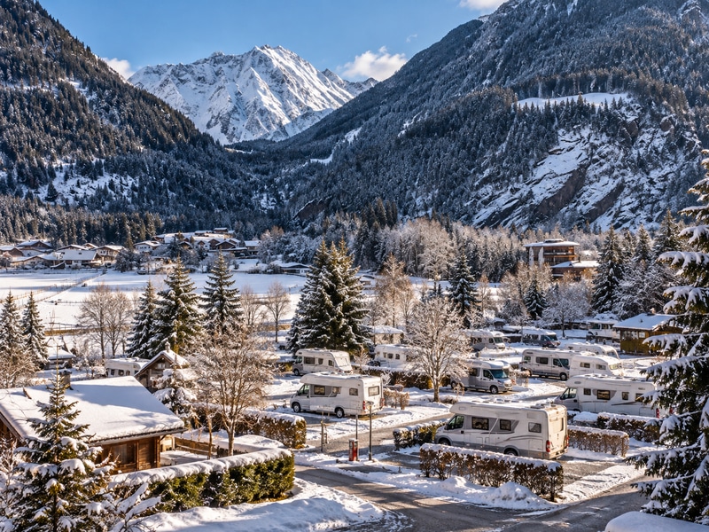 Motorhomes parked at a winter campsite in the Austrian Alps, surrounded by snow-covered trees, Alpine chalets and dramatic mountain peaks.